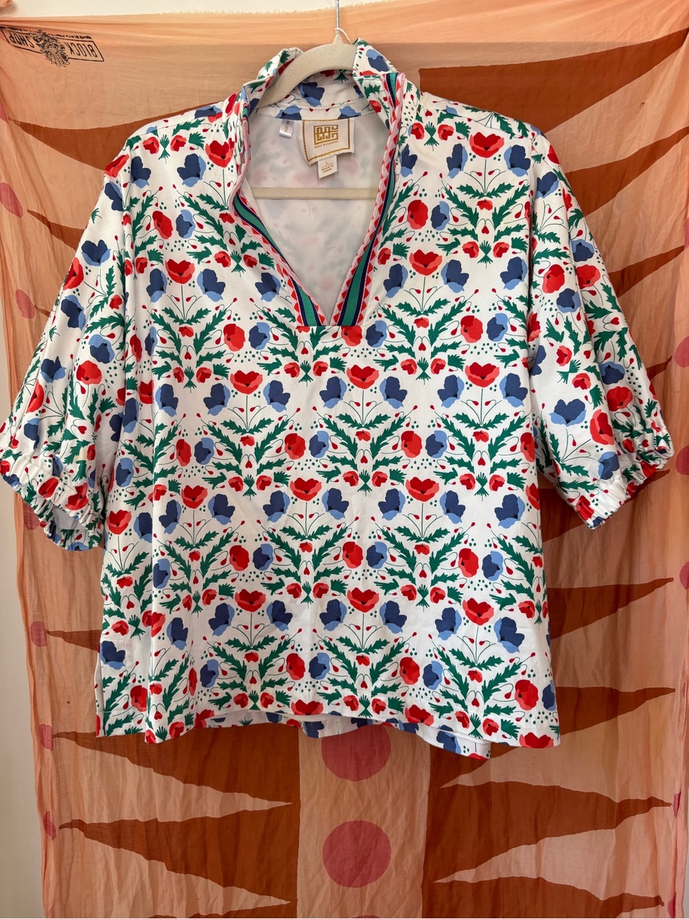 Emily McCarthy Floral Popover Blouse in White with Red & Blue Print